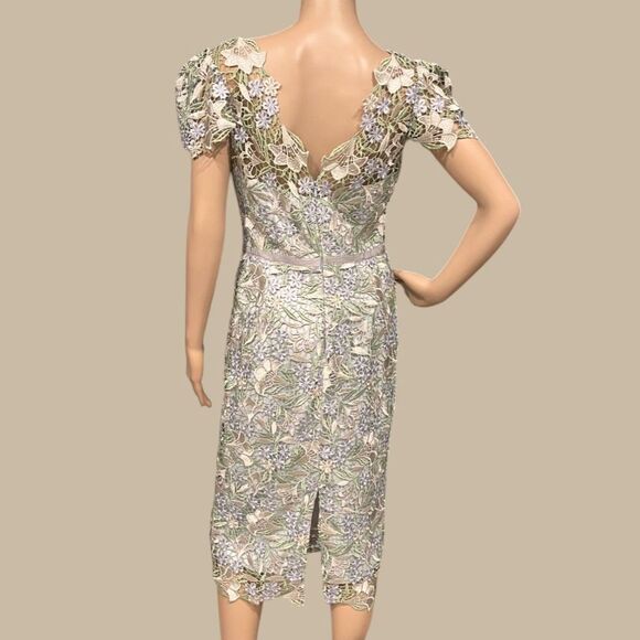 Marchesa Notte Ice Bell Bloom Sheath Crochet Overlay Dress Muted Blue Sz 8 - Picture 7 of 10